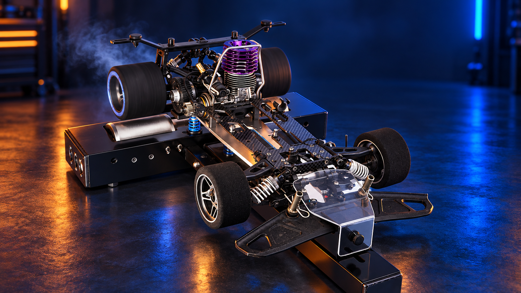 Cinematic RC engine on a bench