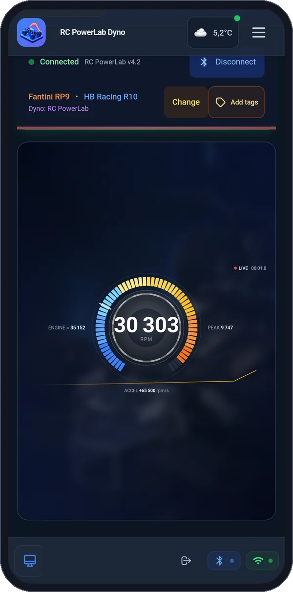Live RPM gauge during a dyno run